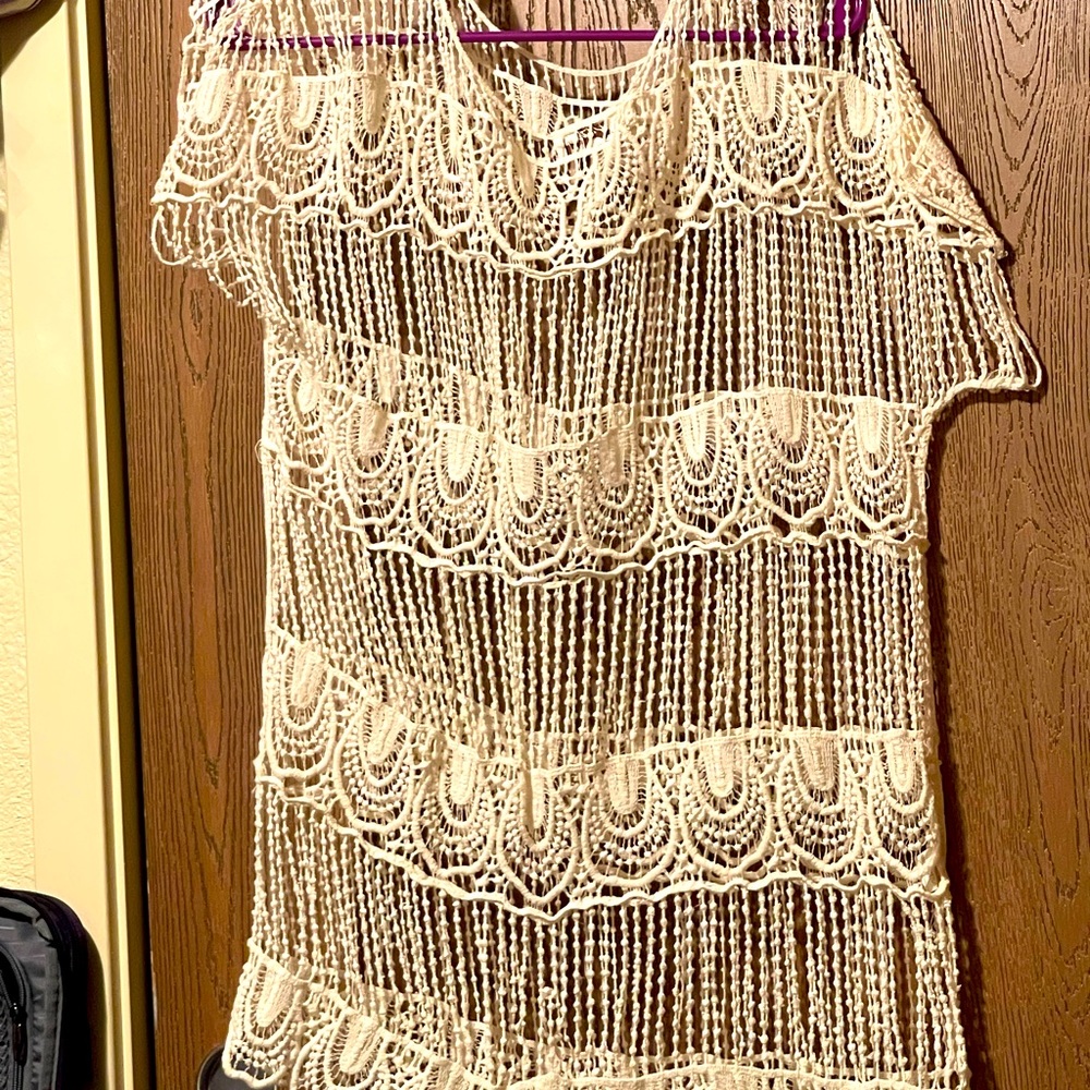 Mixumi Cotton Crochet Dress NWOT sheer soft Lacy sh slv knee long exquisite S/M